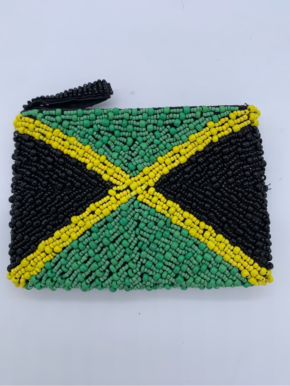 Beaded Coin Purse with Green, Yellow & Black Jamaican Flag Design